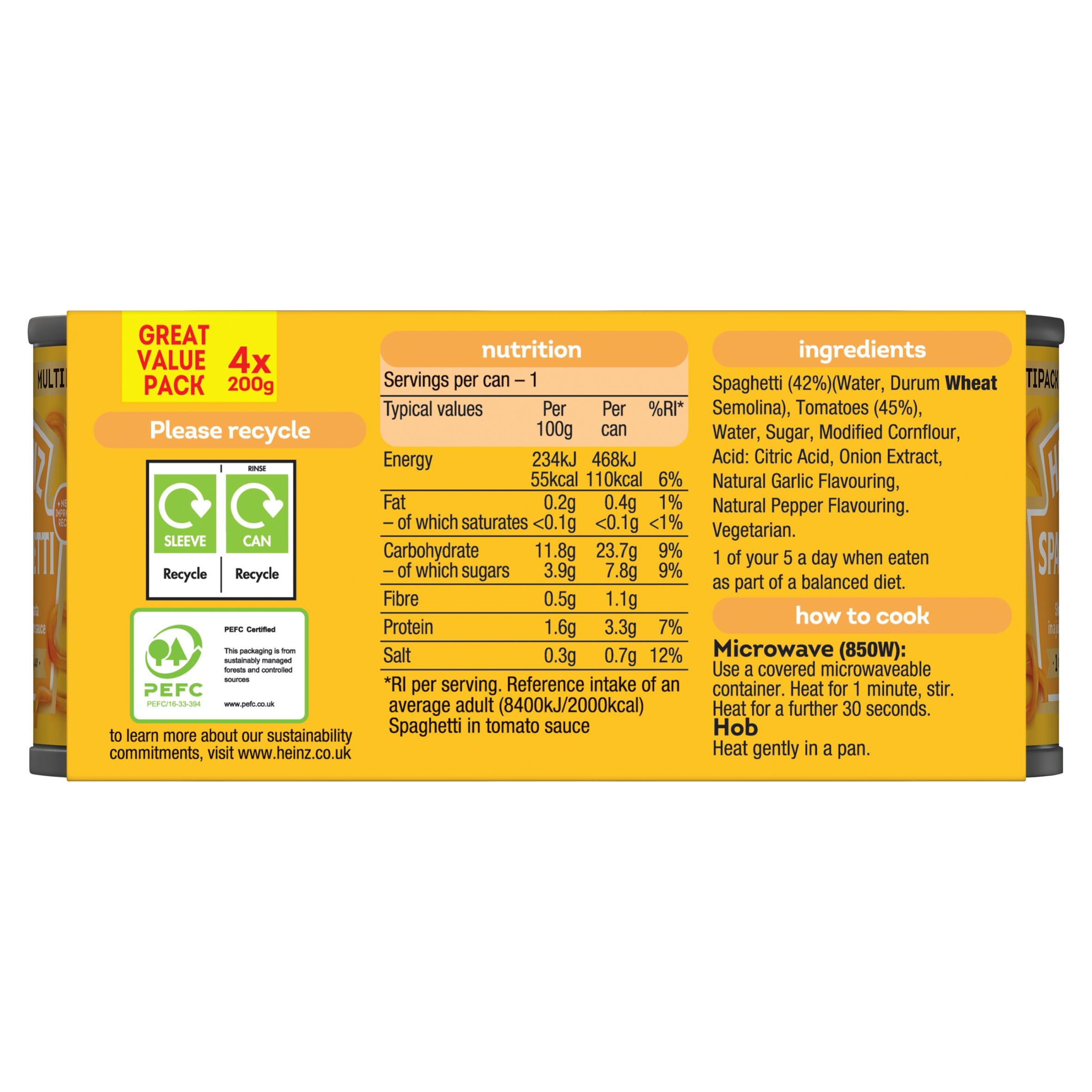 Heinz spaghetti in tomato sauce value pack 4 x 200g - British product