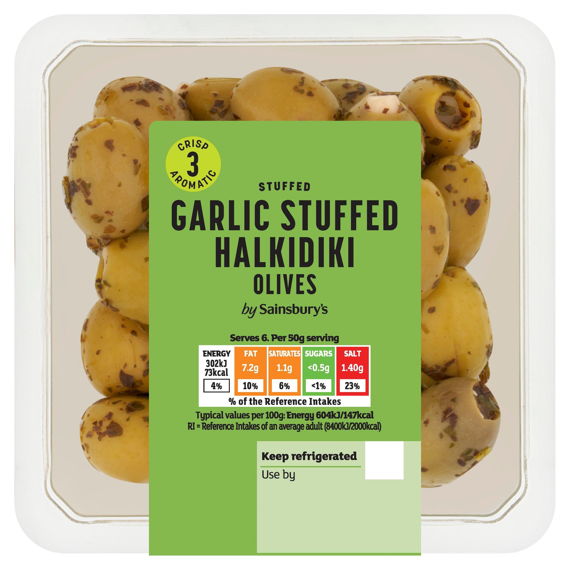 Sainsbury's garlic stuffed Halkidiki olives with parsley and oregano dressing 300g (British brand)