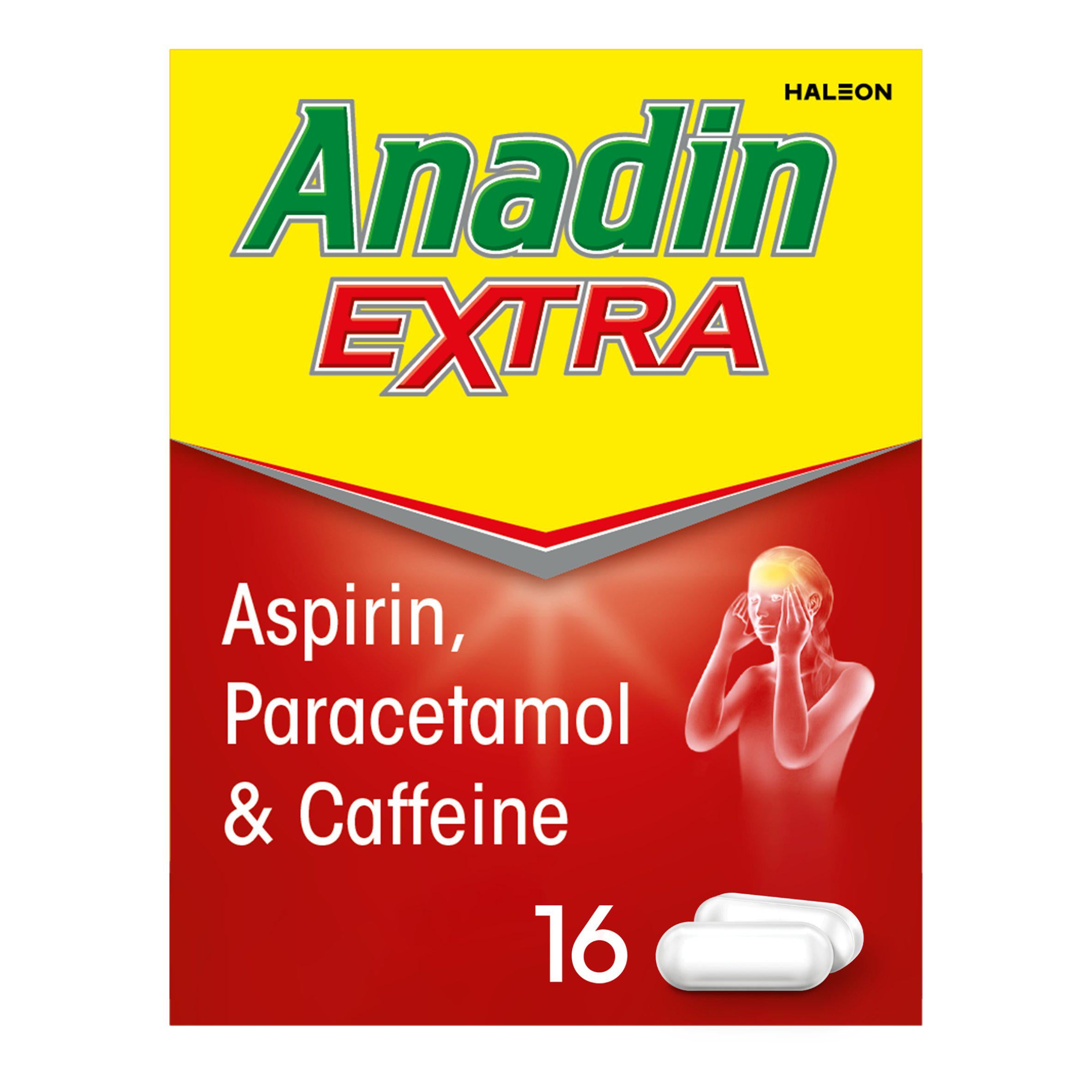 Anadin Extra aspirin paracetamol caffeine caplets 16s, UK version