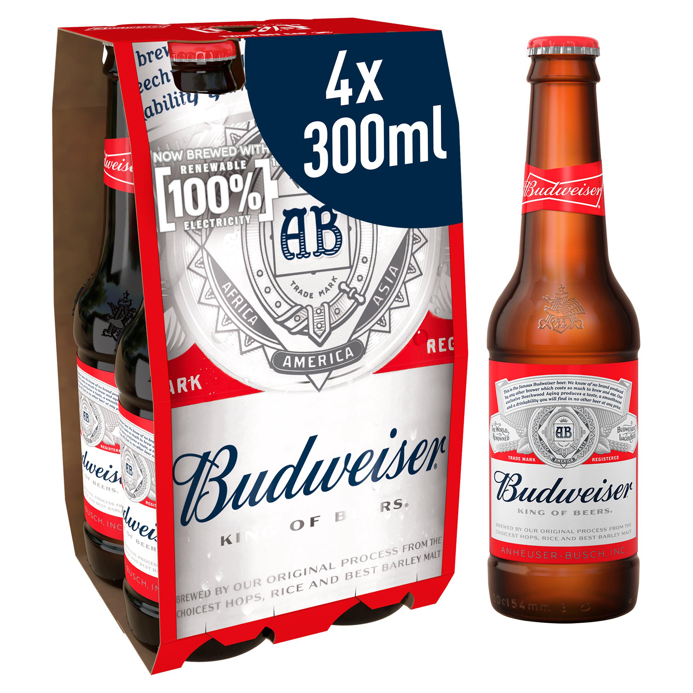 Budweiser lager beer 4x300ml bottles - British product