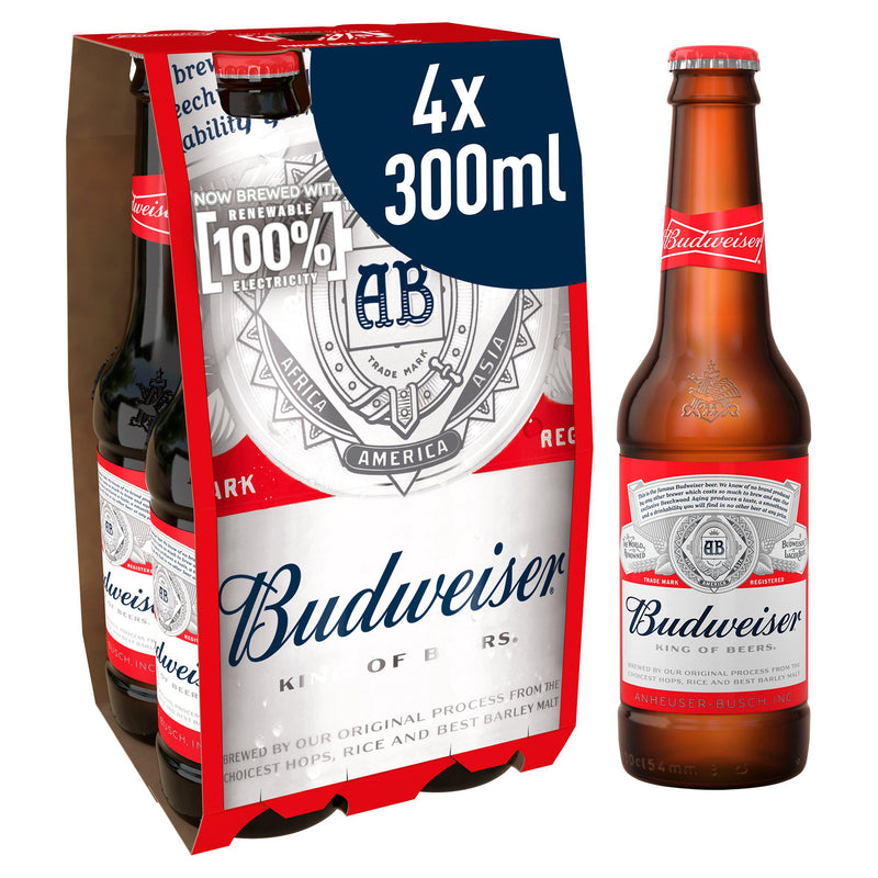 Budweiser lager beer 4x300ml bottles - British product