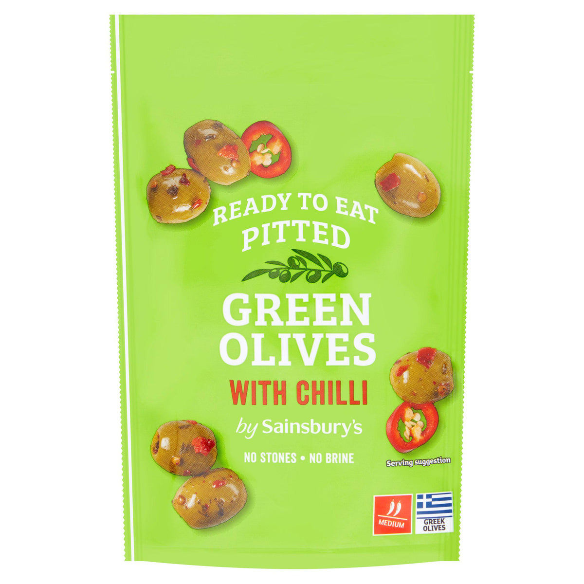 Sainsbury's Pitted Green Olives with Chilli 70g (British brand)