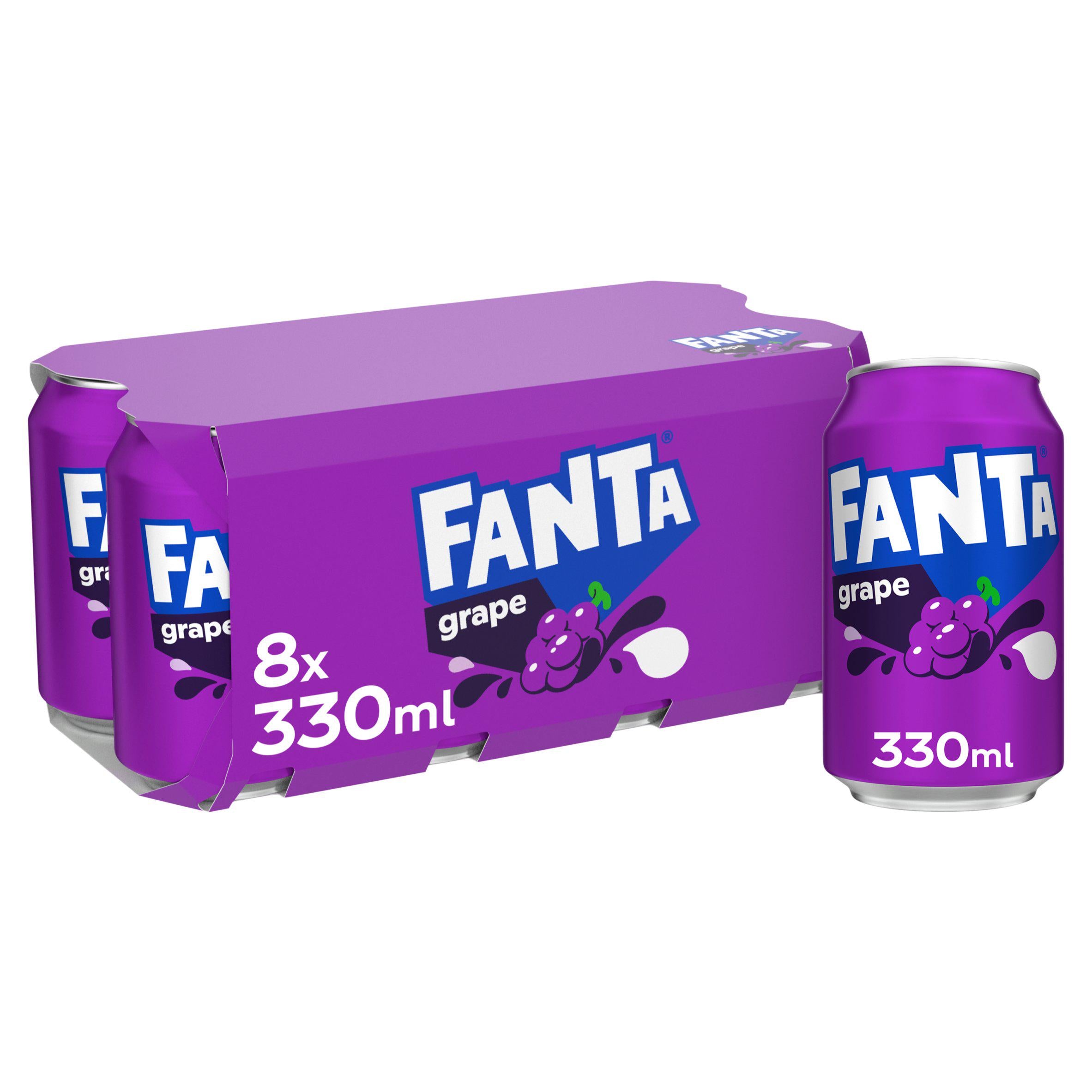Fanta Grape soft drink 8 pack 330ml cans, UK version