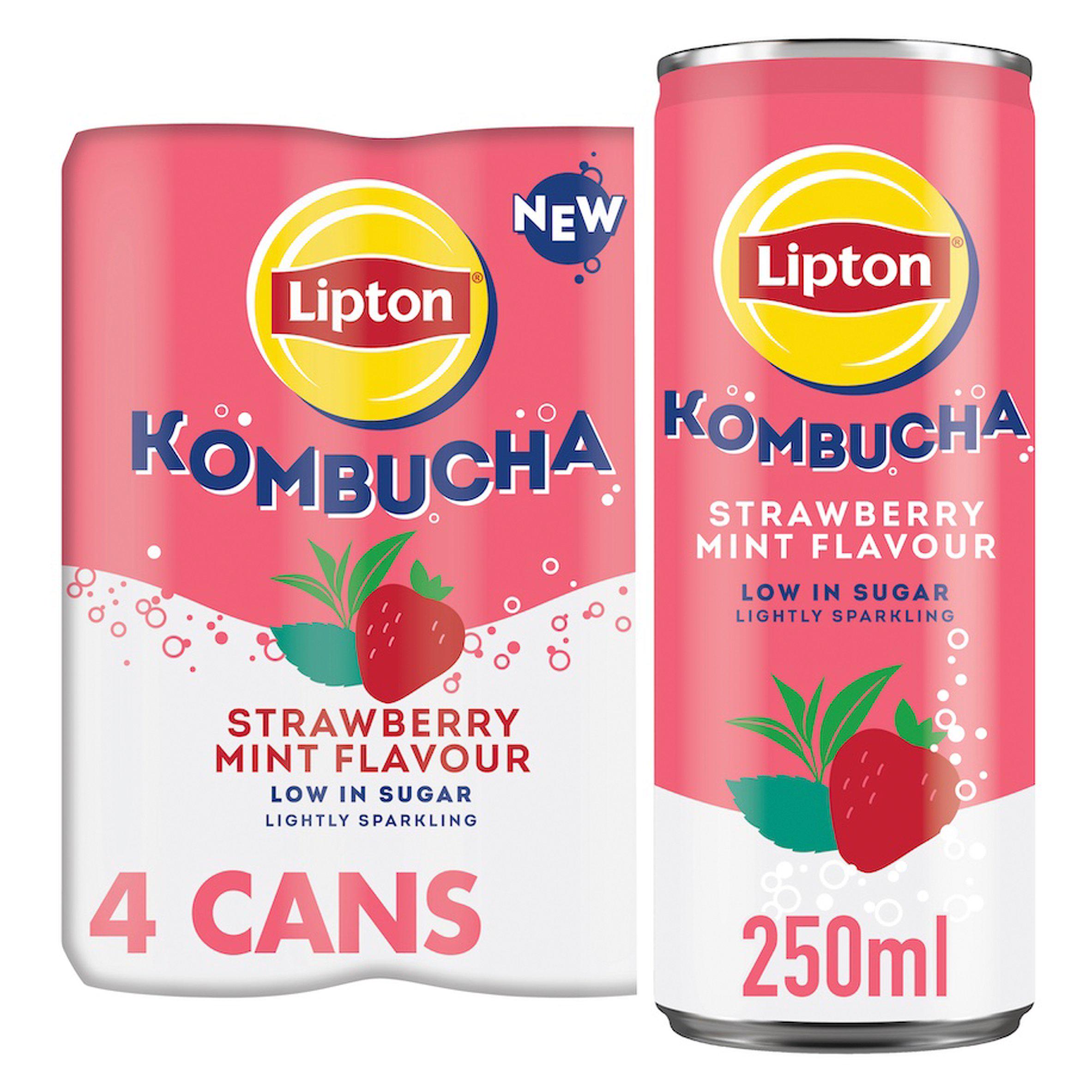 Lipton Kombucha Strawberry Mint flavoured soft drink 4 x 250ml cans, UK version