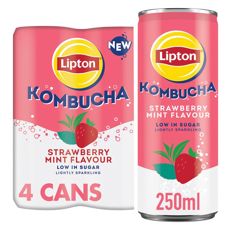 Lipton Kombucha Strawberry Mint flavoured soft drink 4 x 250ml cans, UK version
