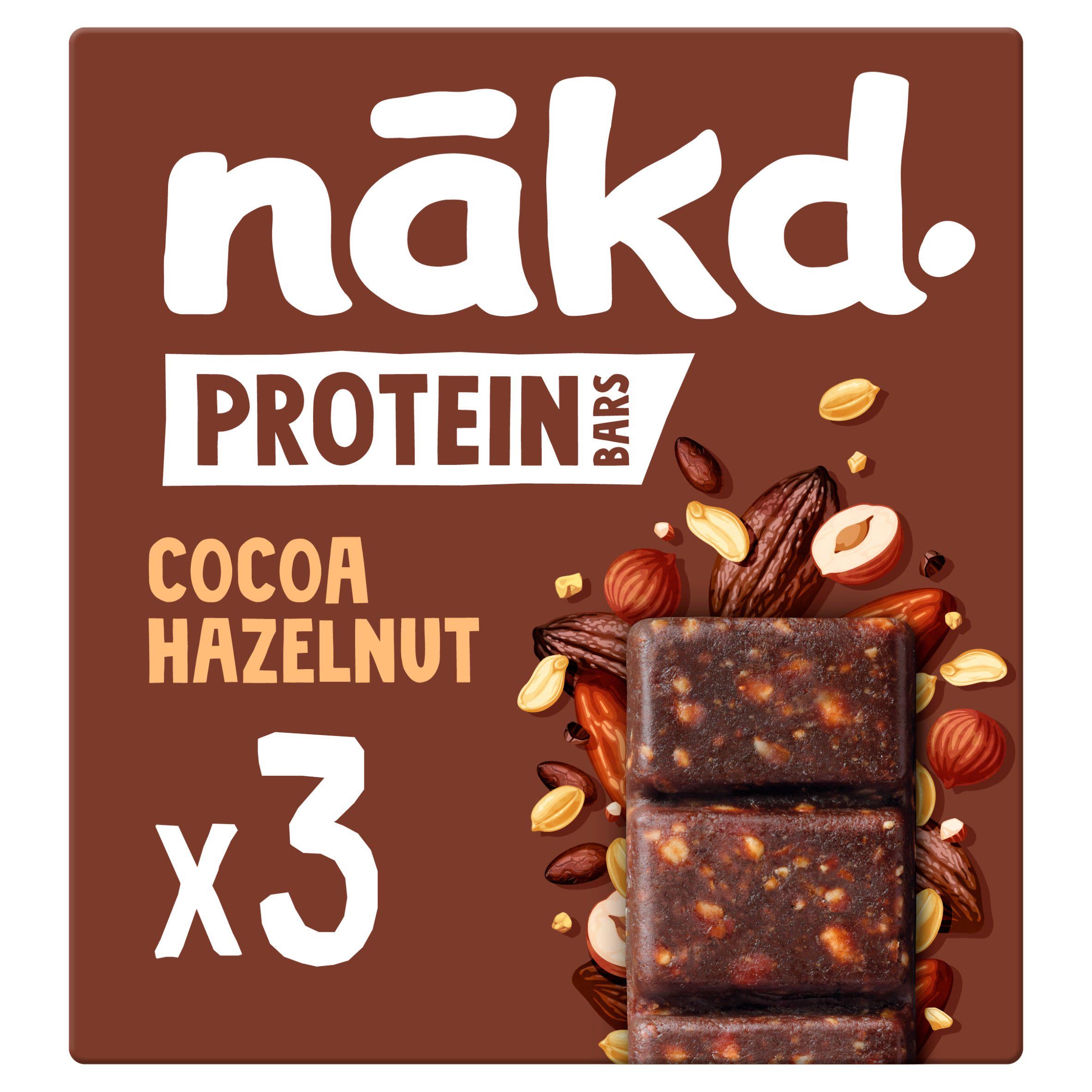Nakd Cocoa Hazelnut Protein Bars 3x45g, imported from the UK