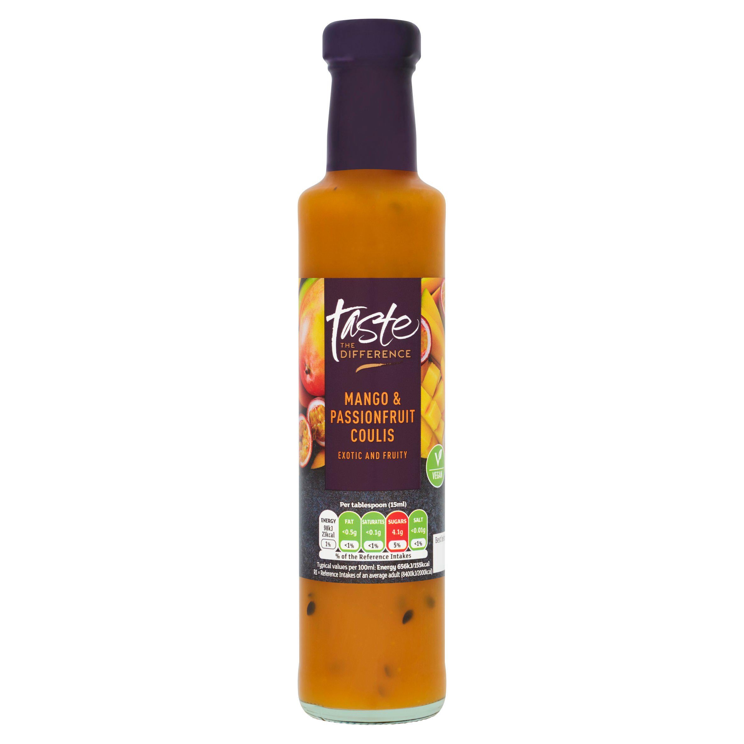 Sainsbury's mango passionfruit coulis 250g, UK version