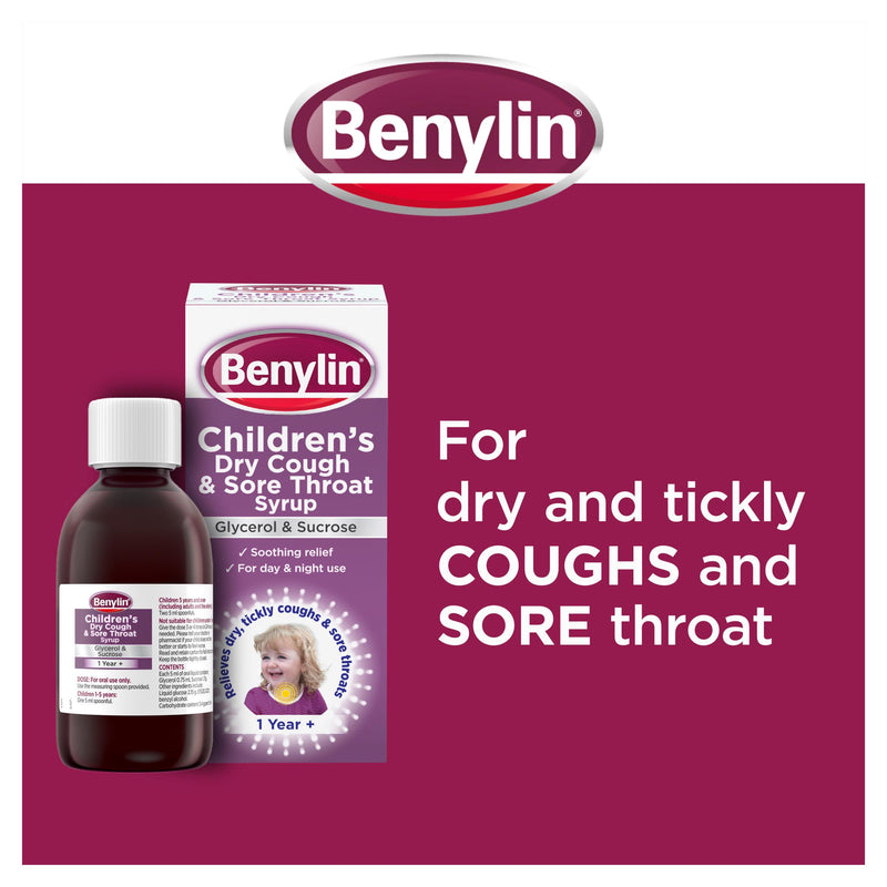 Benylin children's dry cough syrup blackcurrant 125ml, imported from the UK