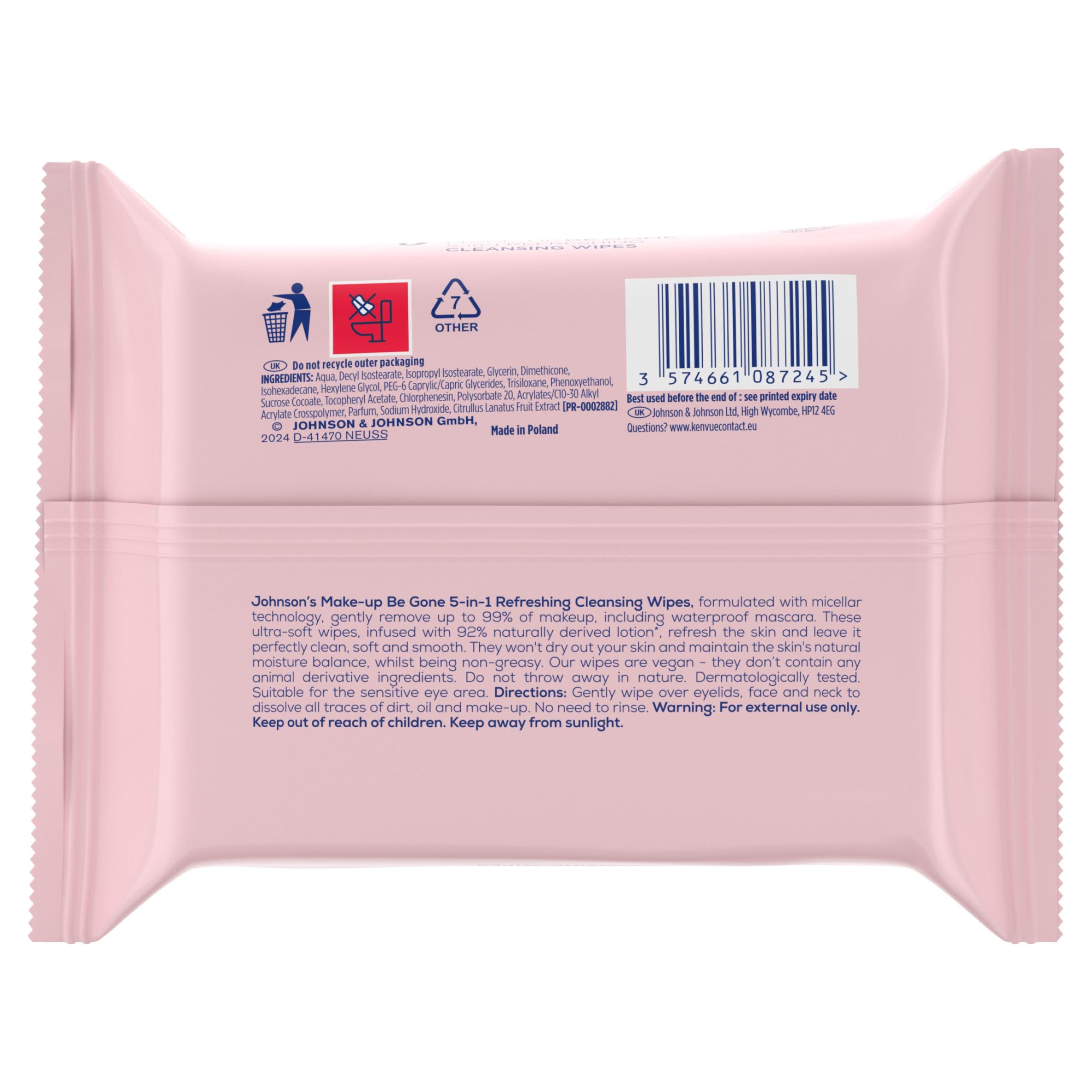 Johnson's Refreshing facial wipes 25-pack, UK version