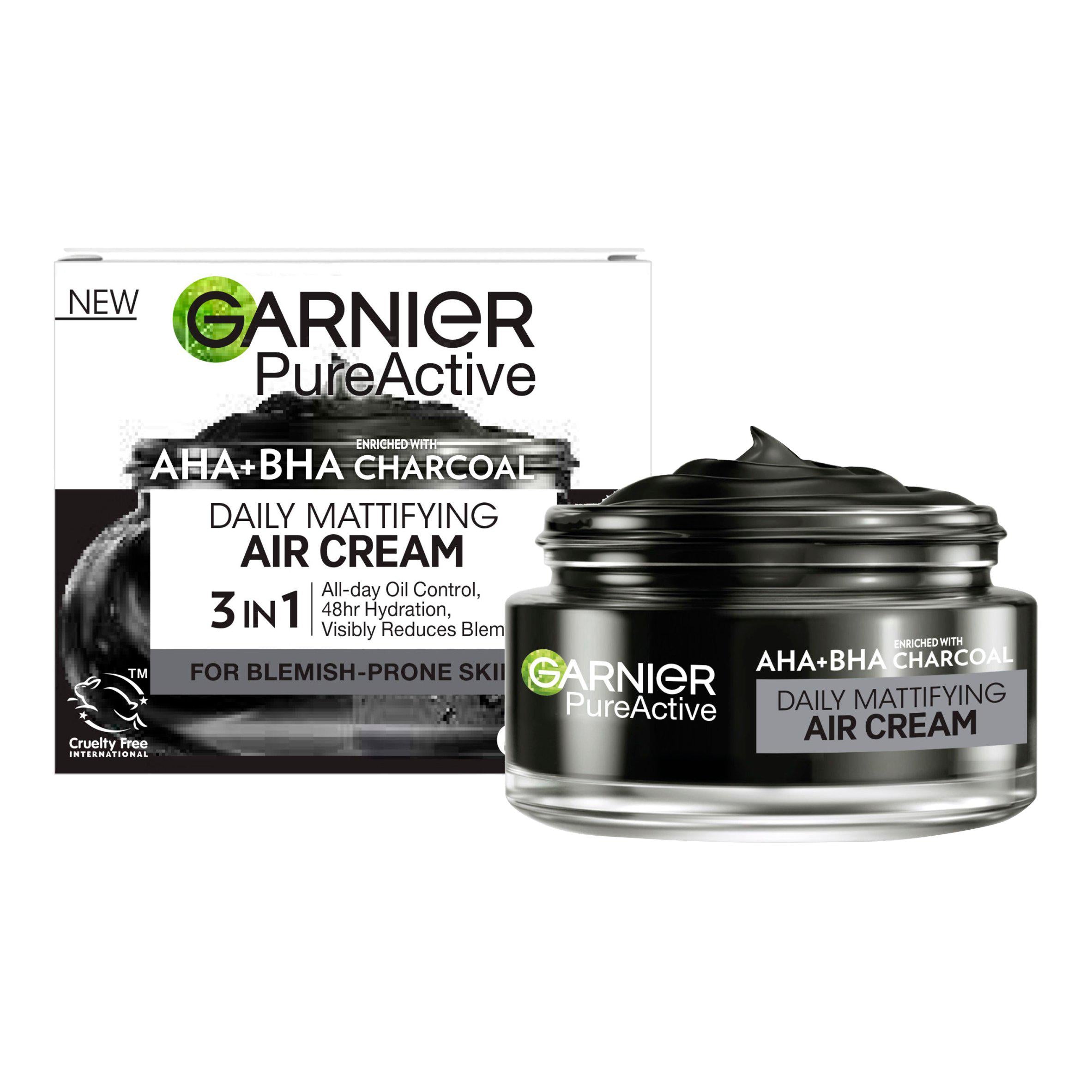 Garnier Pure Active AHA+BHA Charcoal Daily Mattifying Air Cream, imported from the UK