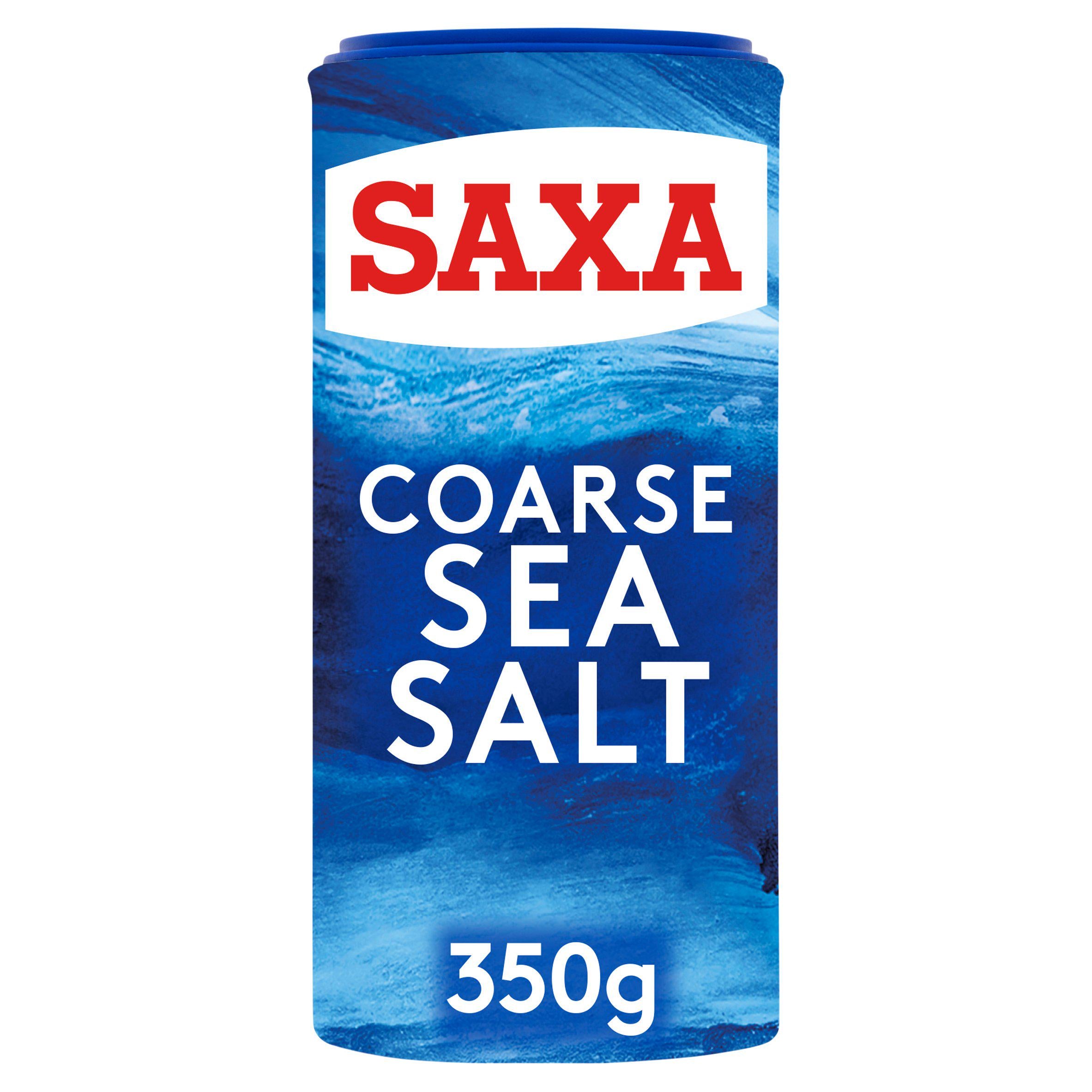 Saxa Coarse Sea Salt 350g tub packaging - British brand