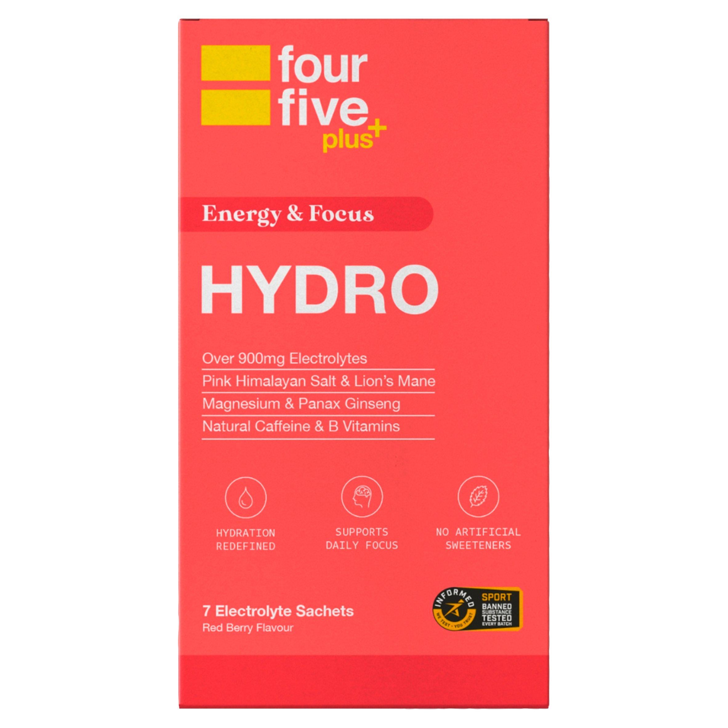 Fourfive electrolyte sachets red berry flavour 7s, imported from the UK