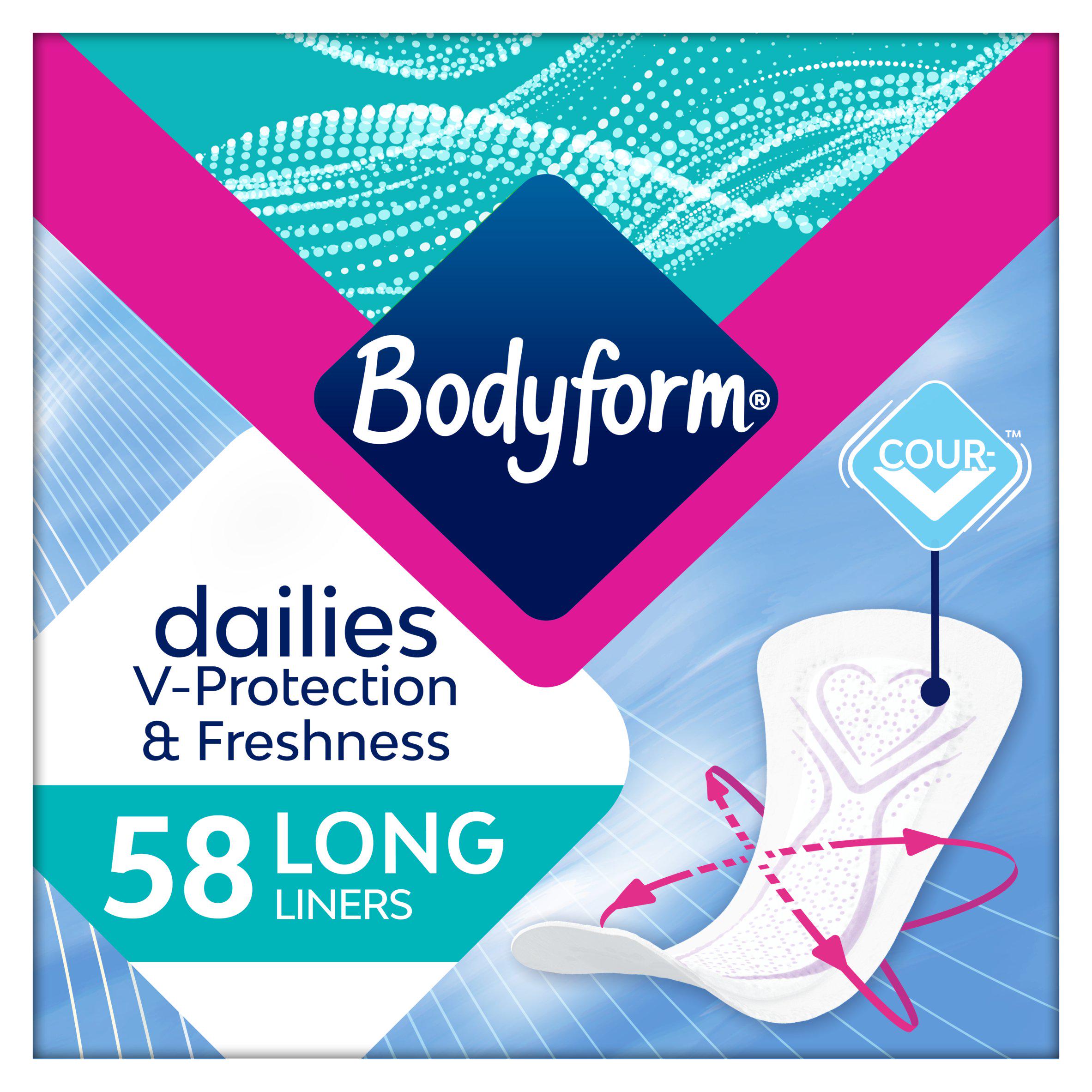 Bodyform Dailies Long Superabsorbent panty liners 58 count, imported from the UK
