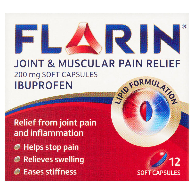 Flarin Joint and Muscular Pain Relief soft capsules 200mg x12, imported from the UK