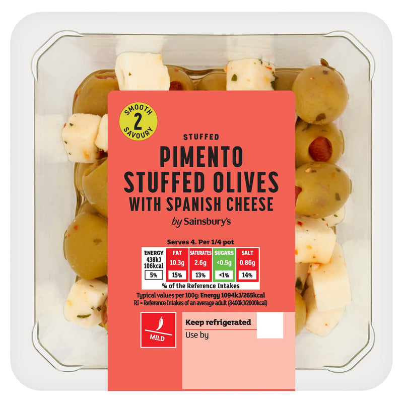 Sainsbury's pimento stuffed olives with Spanish cheese 160g, UK version