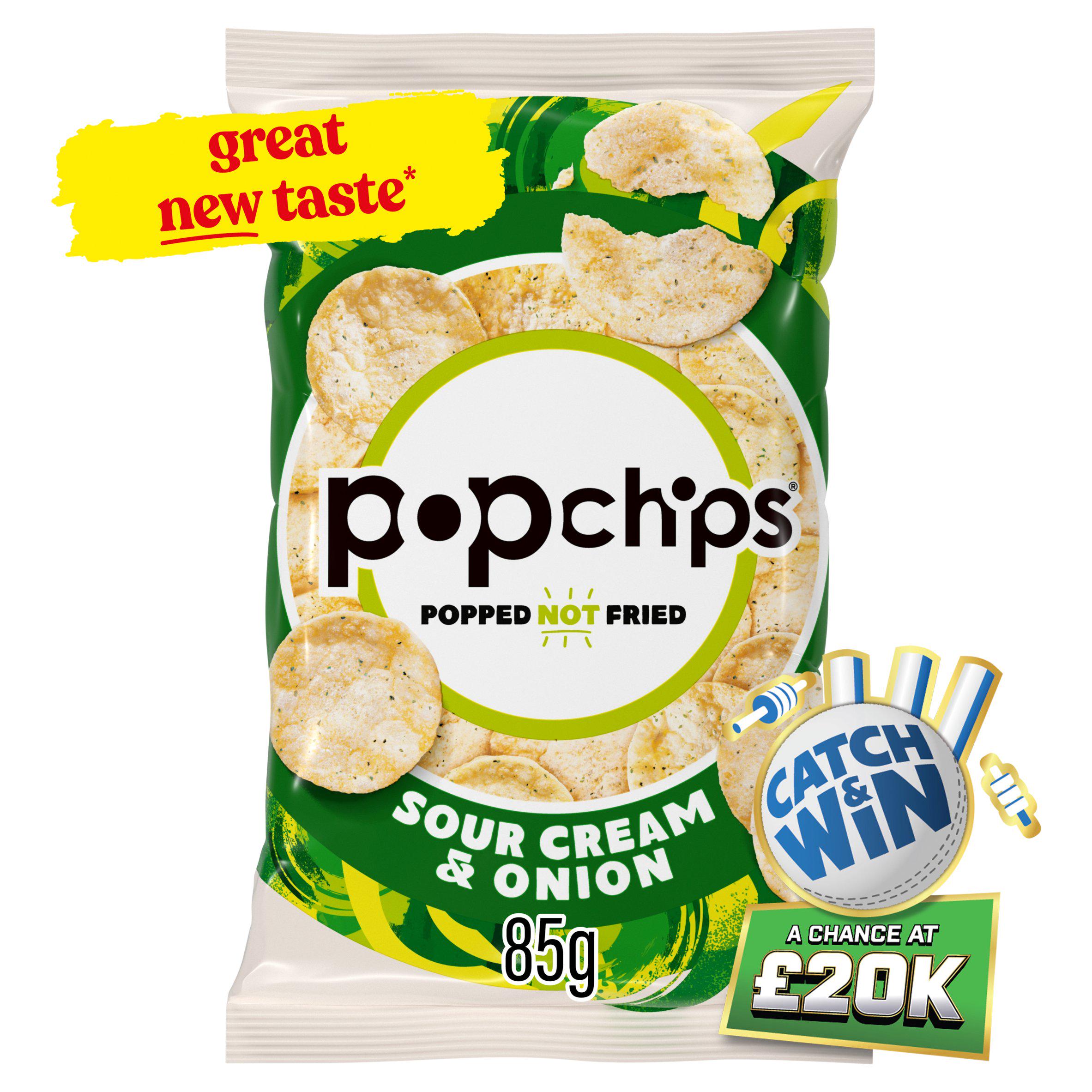 Popchips sour cream and onion crisps 85g, imported from the UK