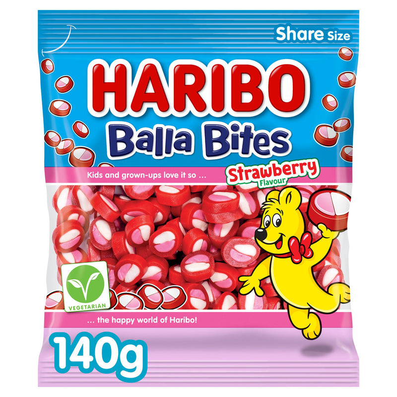 Haribo Balla Bites strawberry flavour chewy sweets 140g (British brand)