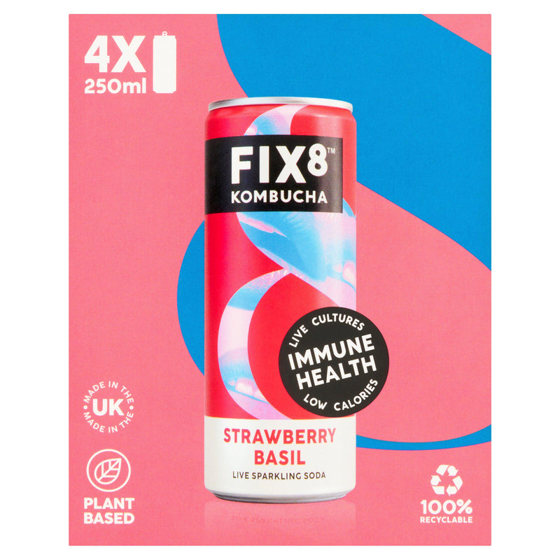 Fix8 kombucha strawberry basil 4 x 250ml, imported from the UK