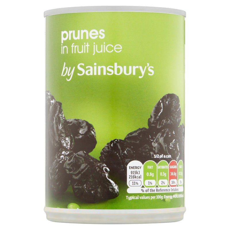 Sainsbury's prunes in fruit juice 410g can, imported from the UK