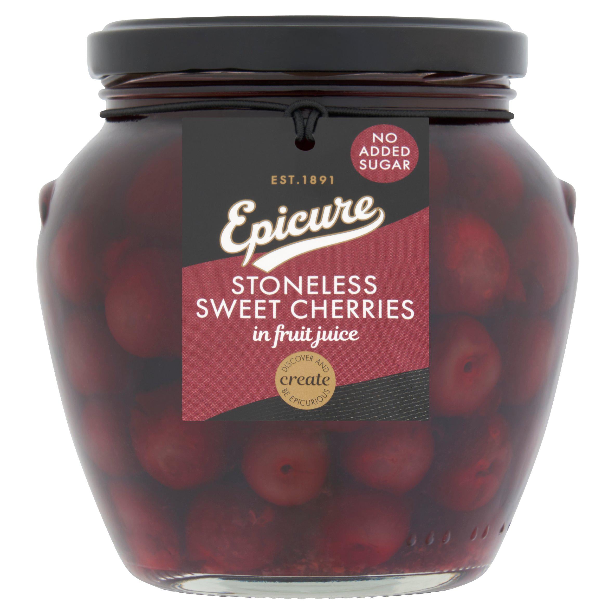 Epicure Stoneless Sweet Cherries in Fruit Juice 550g - British product