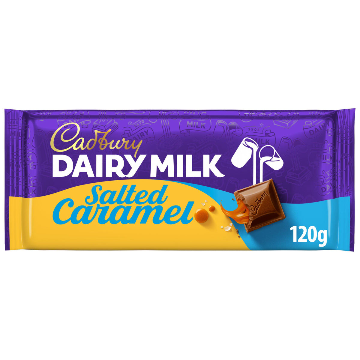 Cadbury Dairy Milk Salted Caramel chocolate bar 120g, imported from the UK