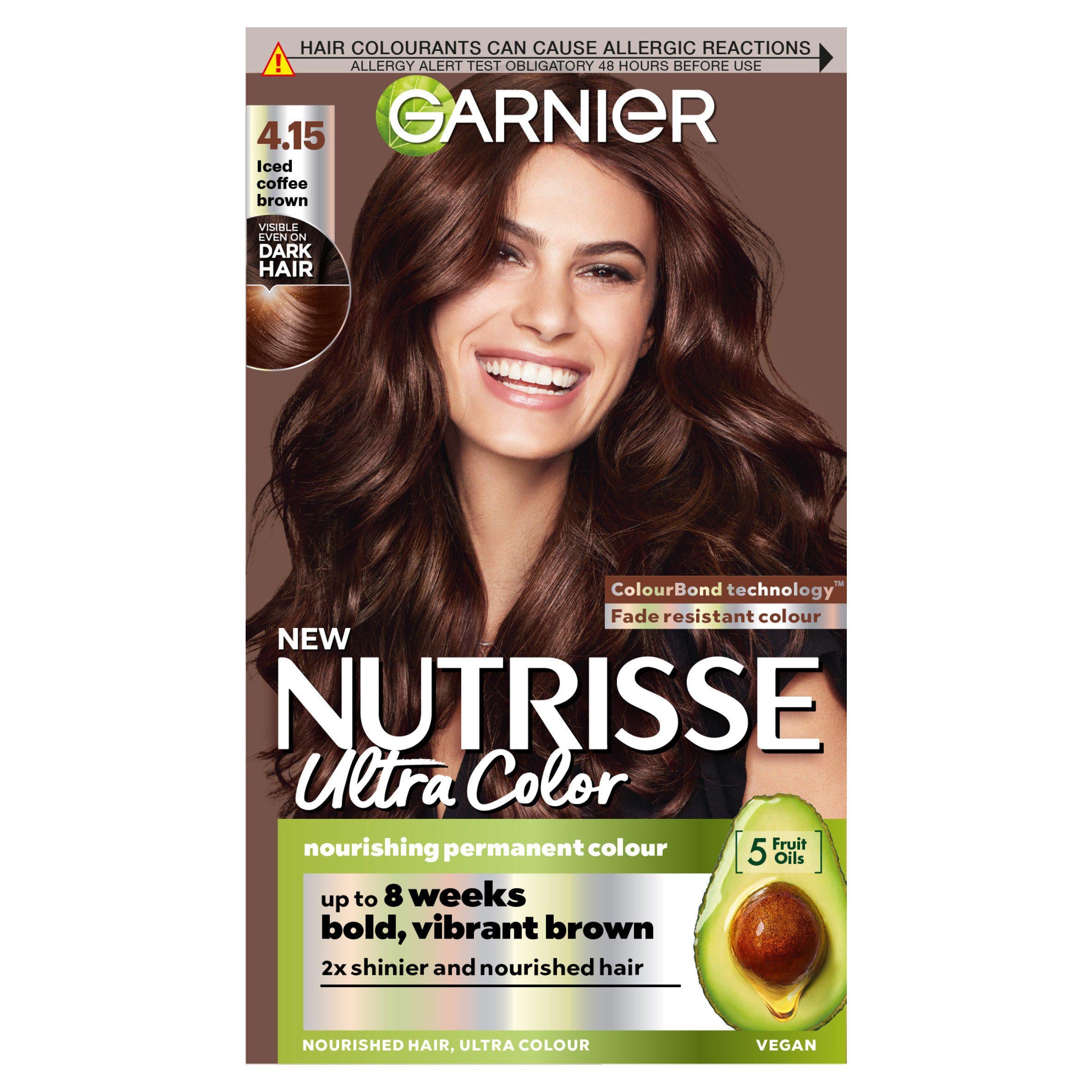 Garnier Nutrisse permanent hair dye Iced Coffee Brown 4.15, imported from the UK