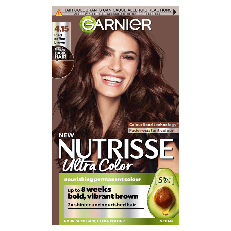 Garnier Nutrisse permanent hair dye Iced Coffee Brown 4.15, imported from the UK