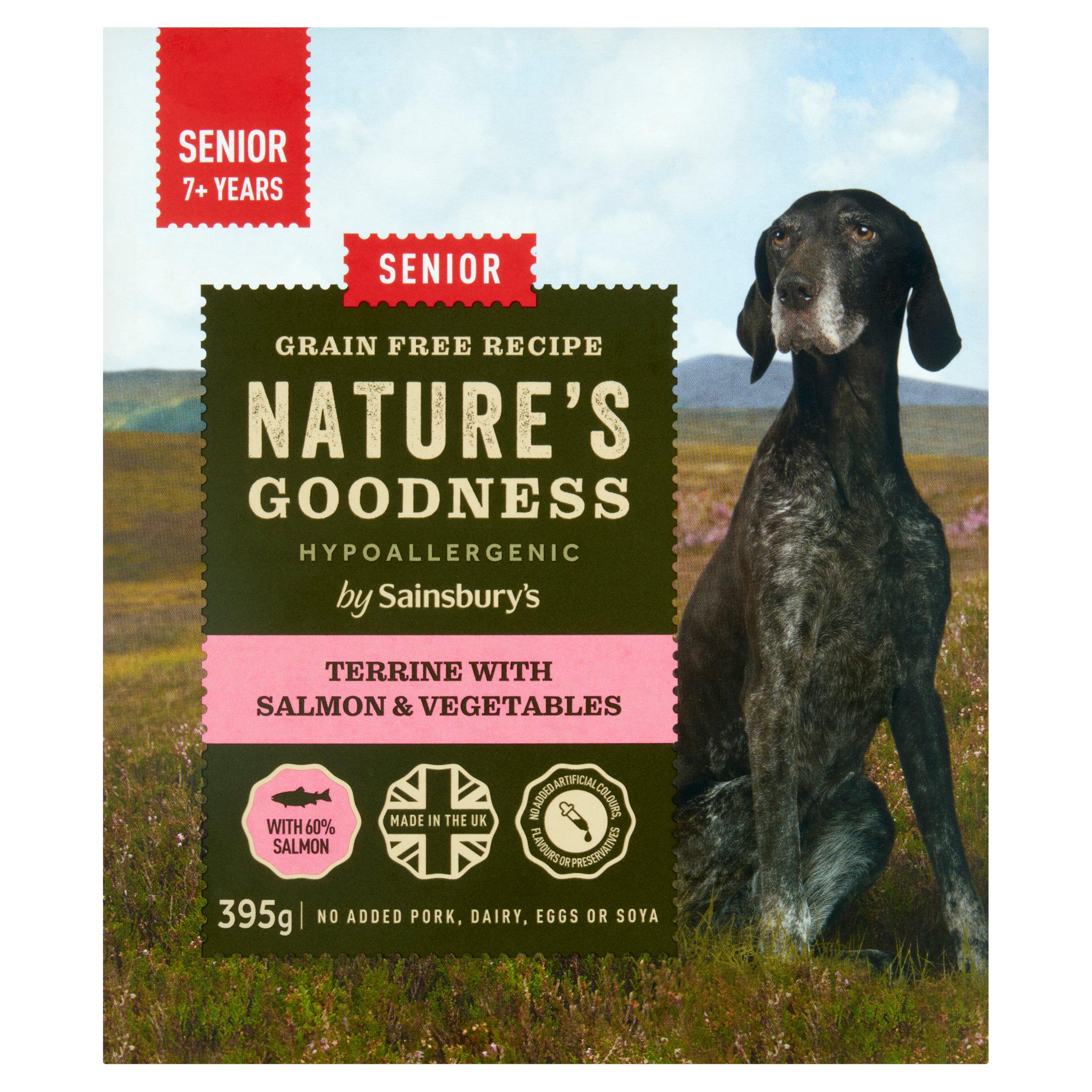 Sainsbury's senior dog food terrine with salmon and vegetables 395g (British brand)