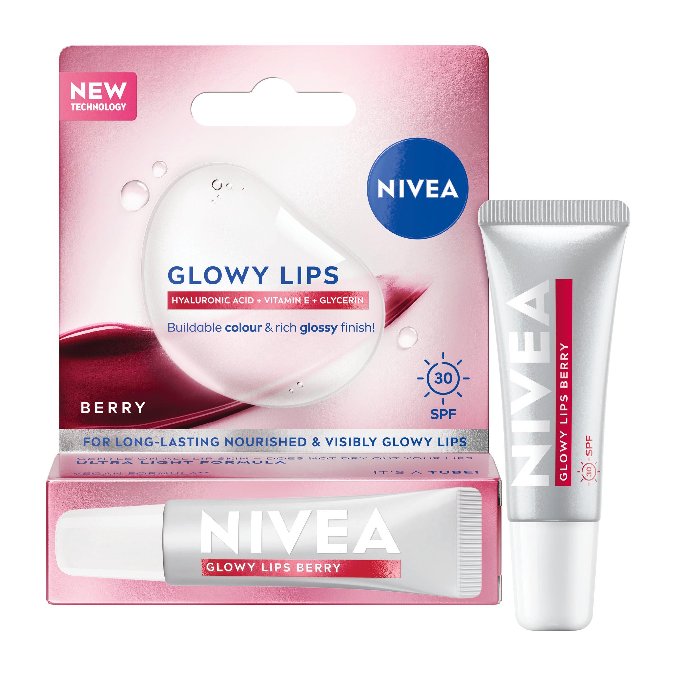 Nivea Glowy Berry lip balm 10ml SPF30, imported from the UK