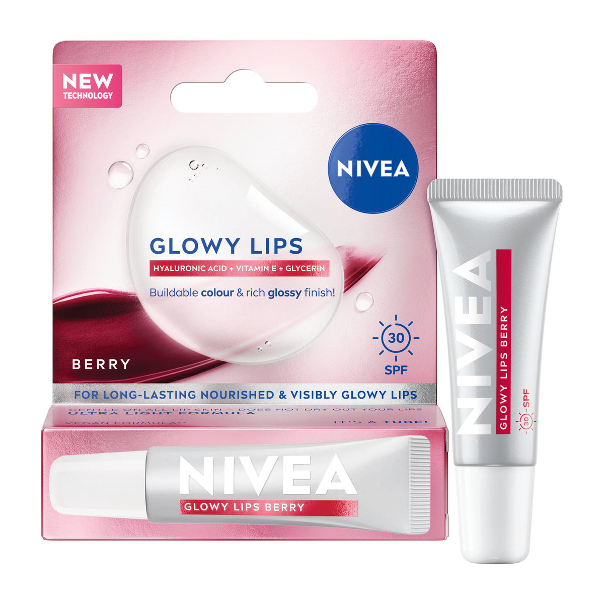Nivea Glowy Berry lip balm 10ml SPF30, imported from the UK