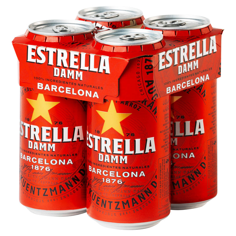 Estrella Damm Spanish lager beer 4x440ml cans (British brand)