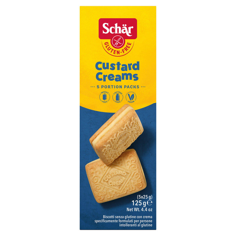 Schar gluten free custard creams 125g, imported from the UK