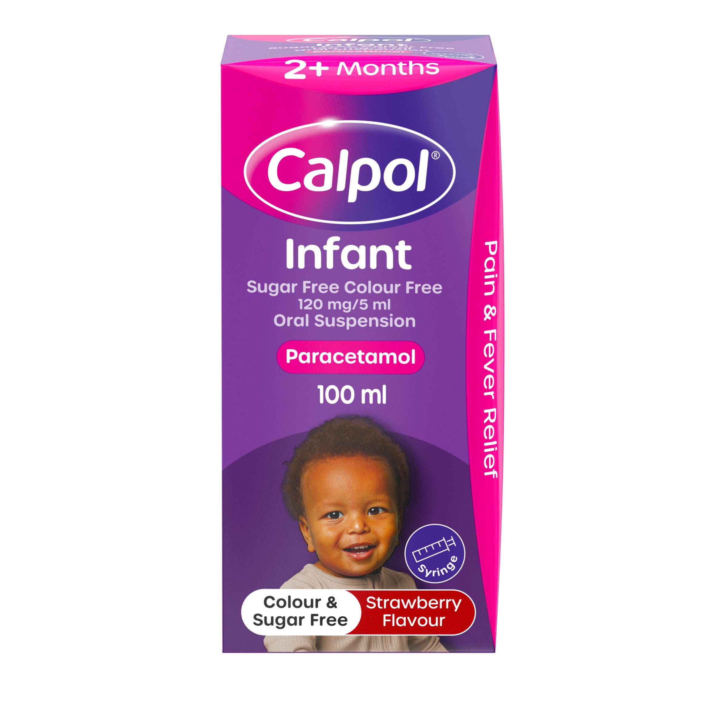 Calpol infant paracetamol oral suspension sugar-free strawberry 100ml (British brand)