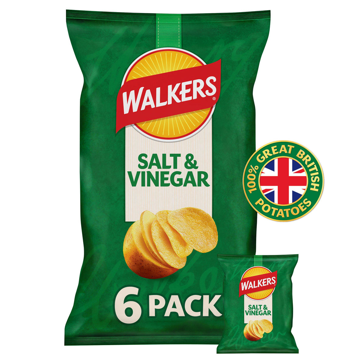 Walkers Salt & Vinegar Multipack Potato Crisps 6 x 25g (British brand)