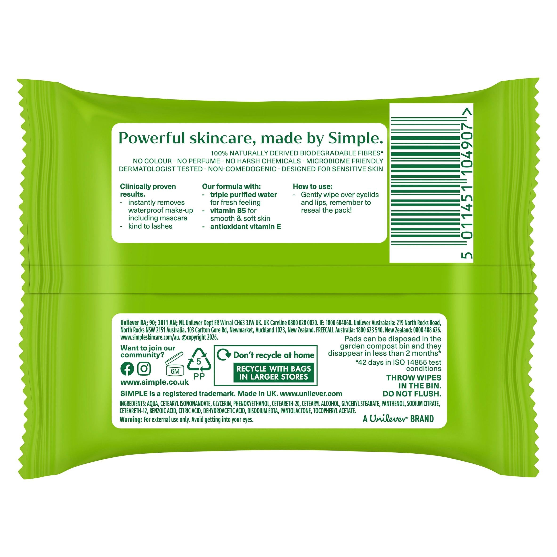 Simple eye makeup remover pads 30 pads - British product