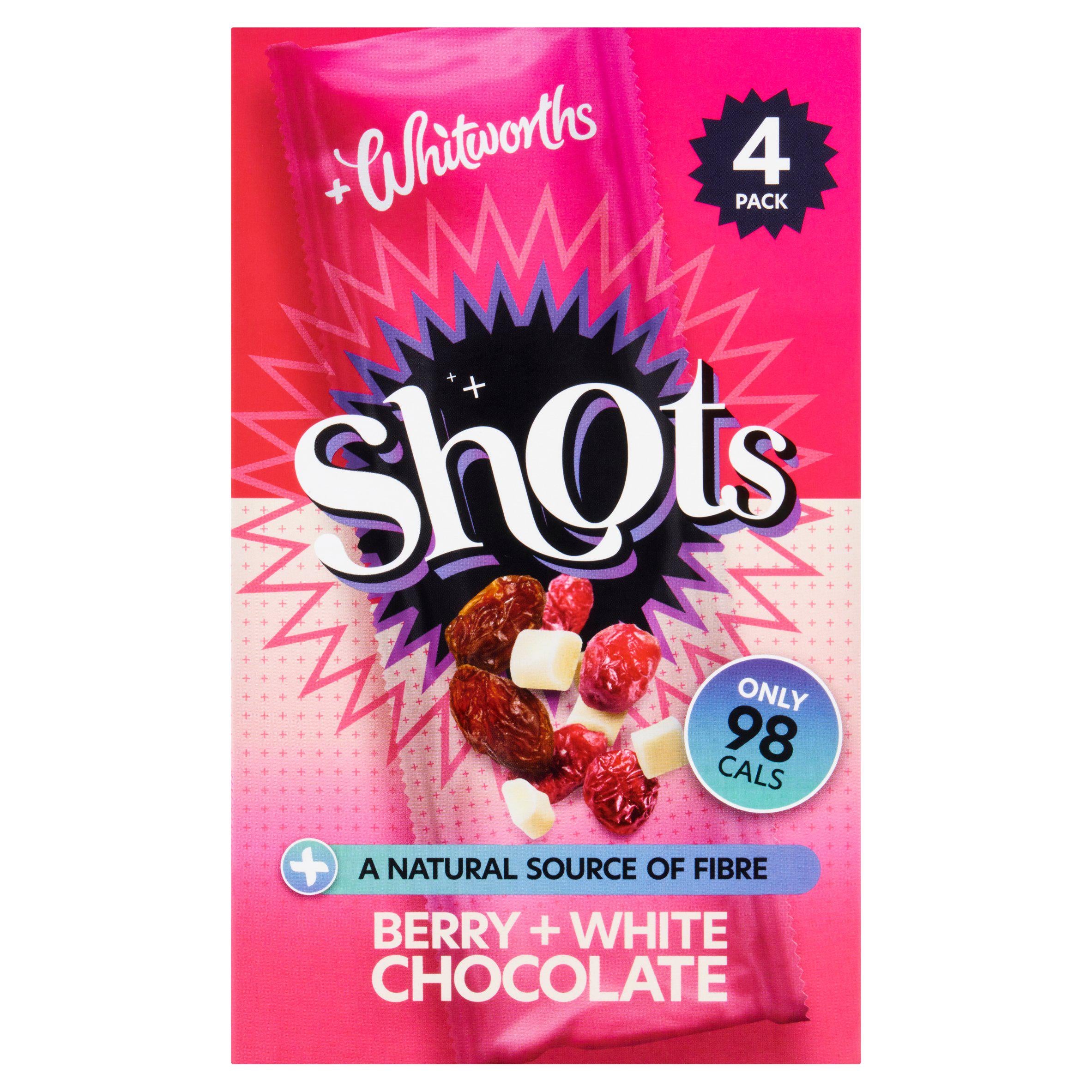 Whitworths Berry White Chocolate Shots snack pack 100g, UK version