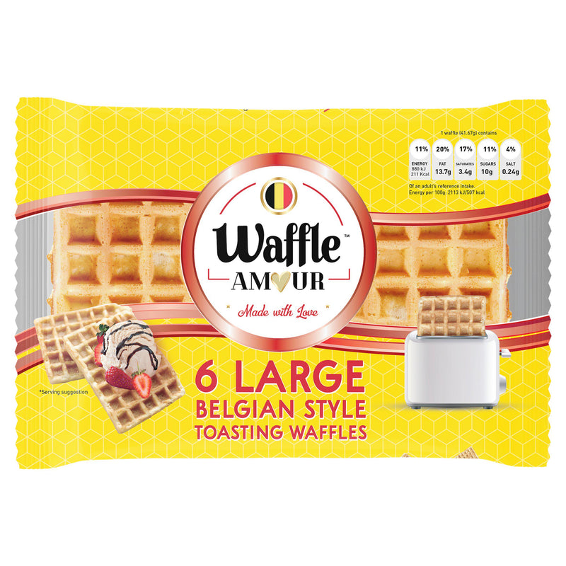 Waffle Amour large Belgian style toasting waffles 6 pack, imported from the UK