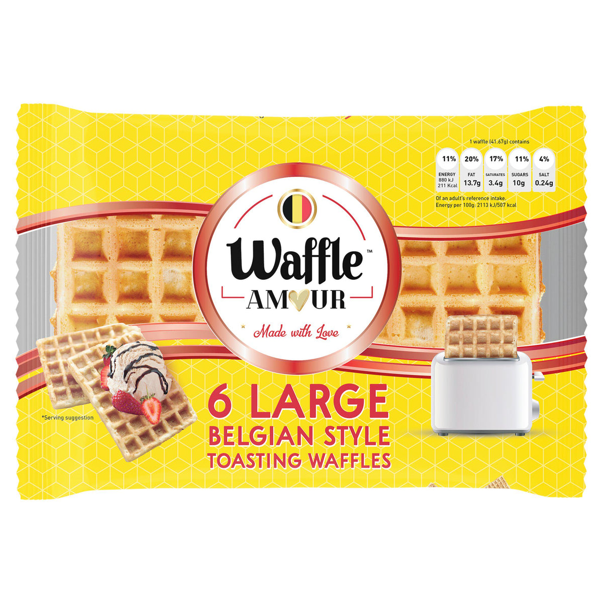 Waffle Amour large Belgian style toasting waffles 6 pack, imported from the UK