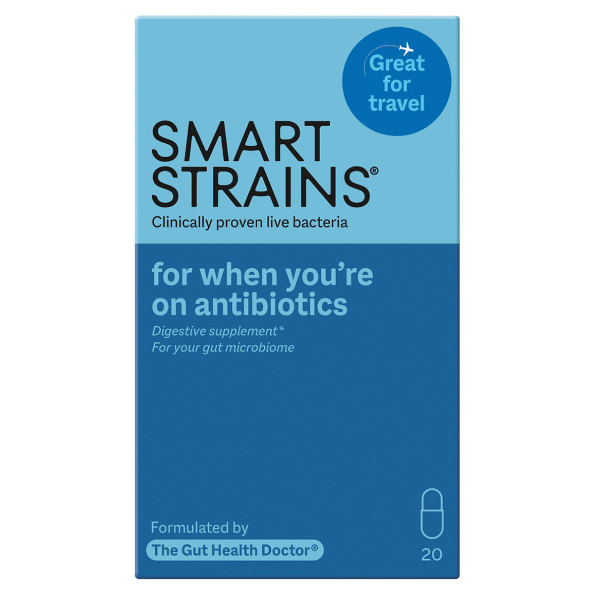 Smart Strains probiotic supplement for antibiotics and travel 20 capsules (British brand)
