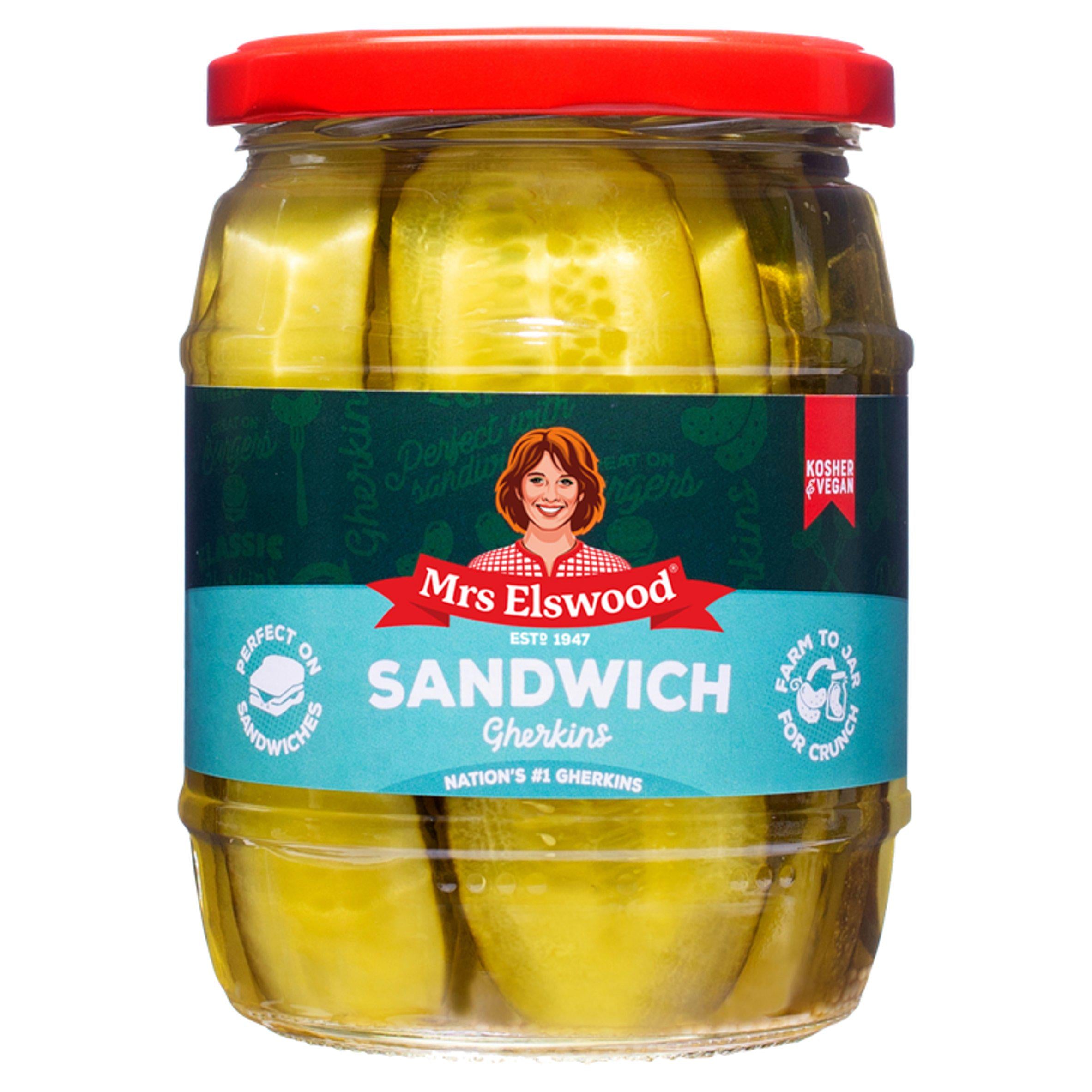 Mrs Elswood sandwich gherkins 540g, imported from the UK