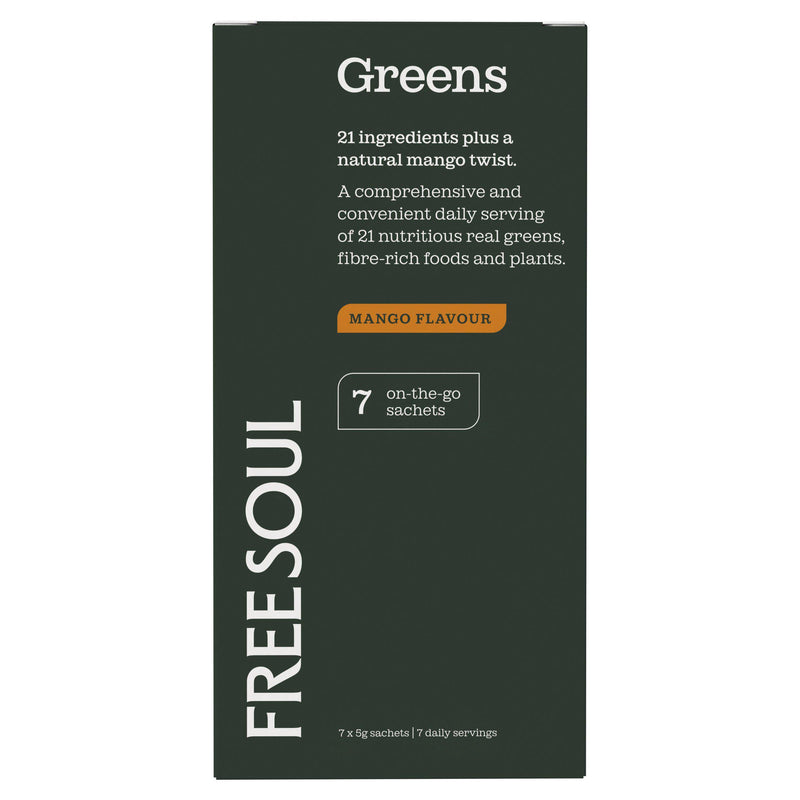 Free Soul greens powder mango flavour 7x5g sachets, UK version