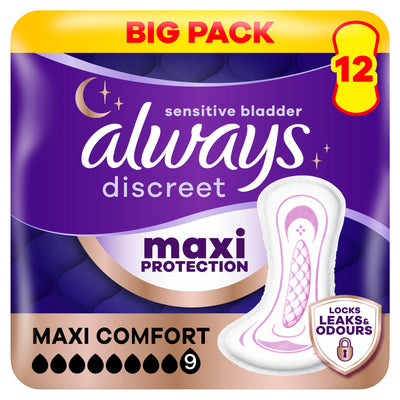 Sainsburys Always Discreet Maxi Comfort Women Incontinence Pads, 12 Count- Buy online at McGrocer