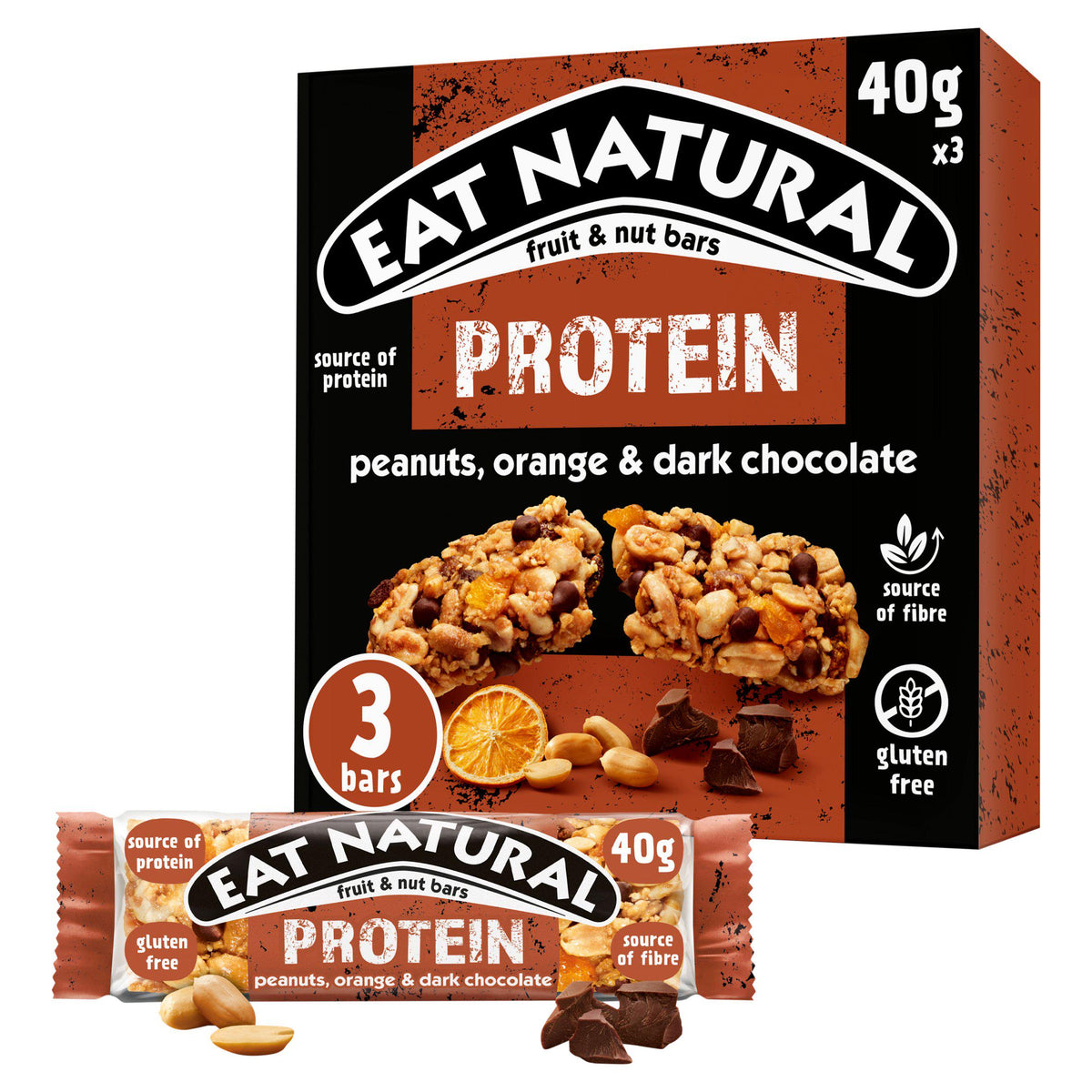 Eat Natural protein cereal bar peanuts orange dark chocolate 3x40g, imported from the UK
