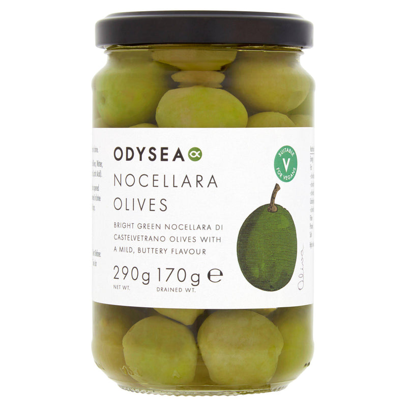 Odysea Nocellara green olives 290g jar (British brand)