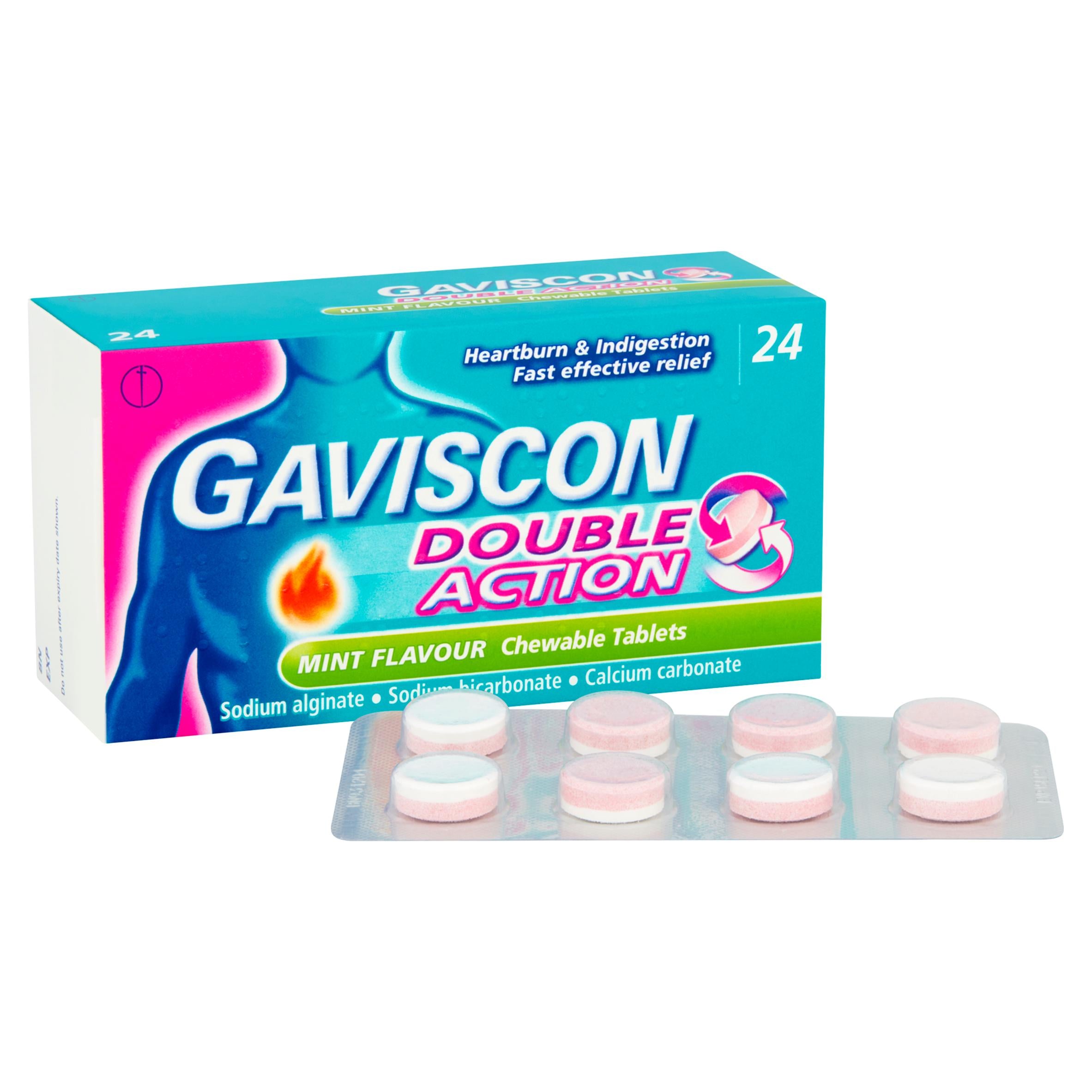 Gaviscon Double Action mint heartburn tablets 24, imported from the UK