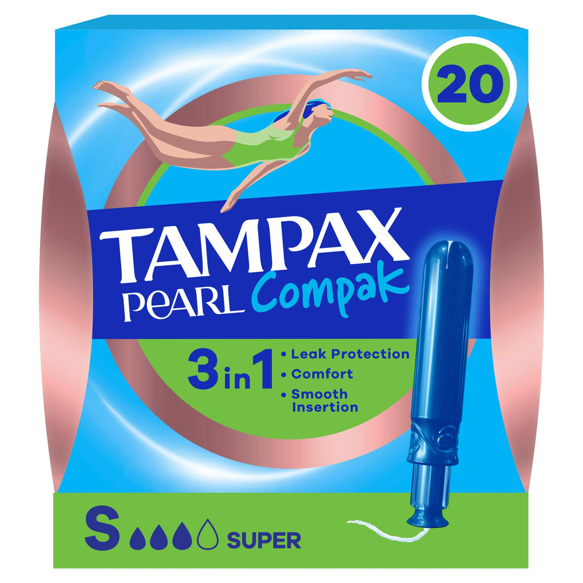 Tampax Compak Pearl Super tampons 20 count, UK version