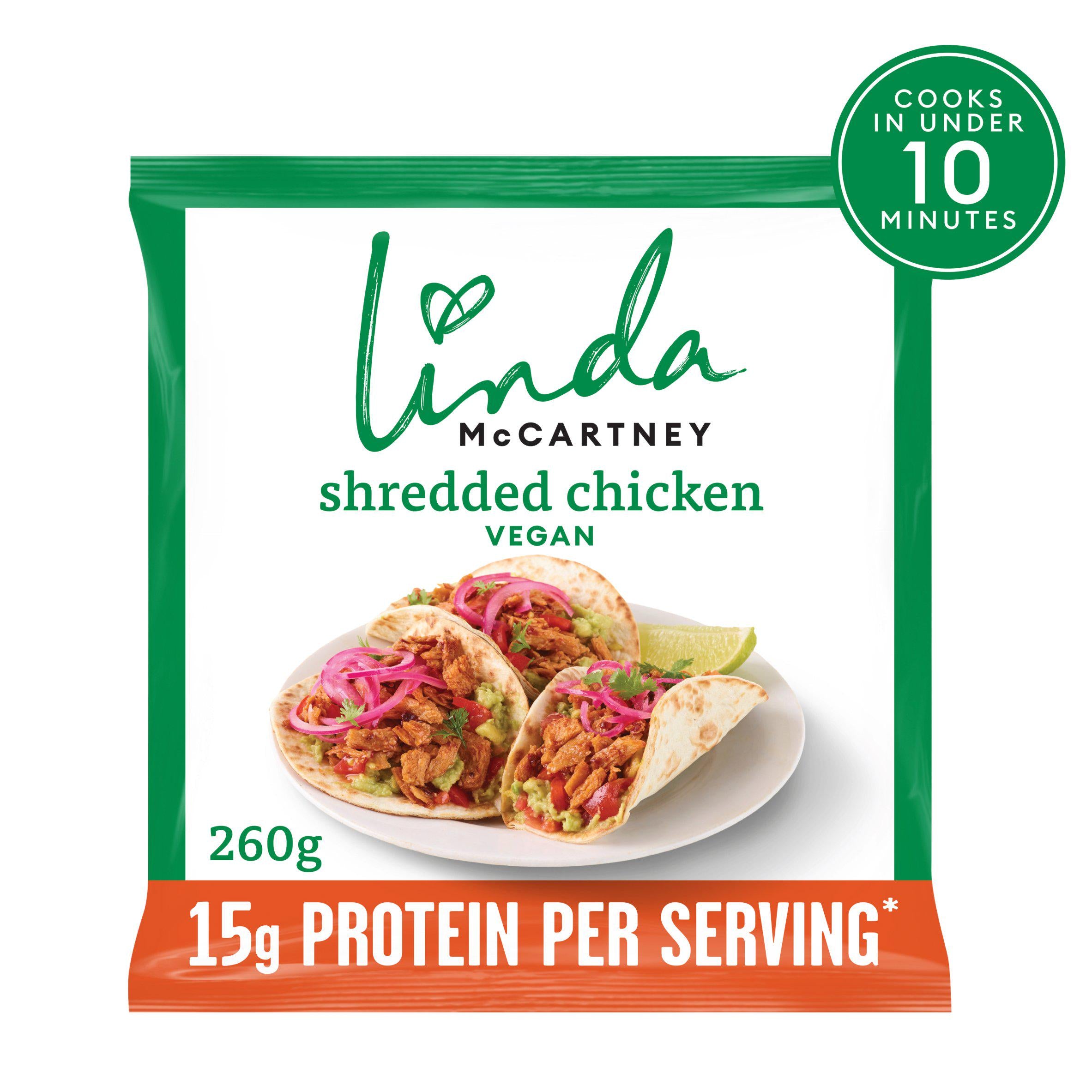 Linda McCartney vegan shredded chicken 260g, UK version