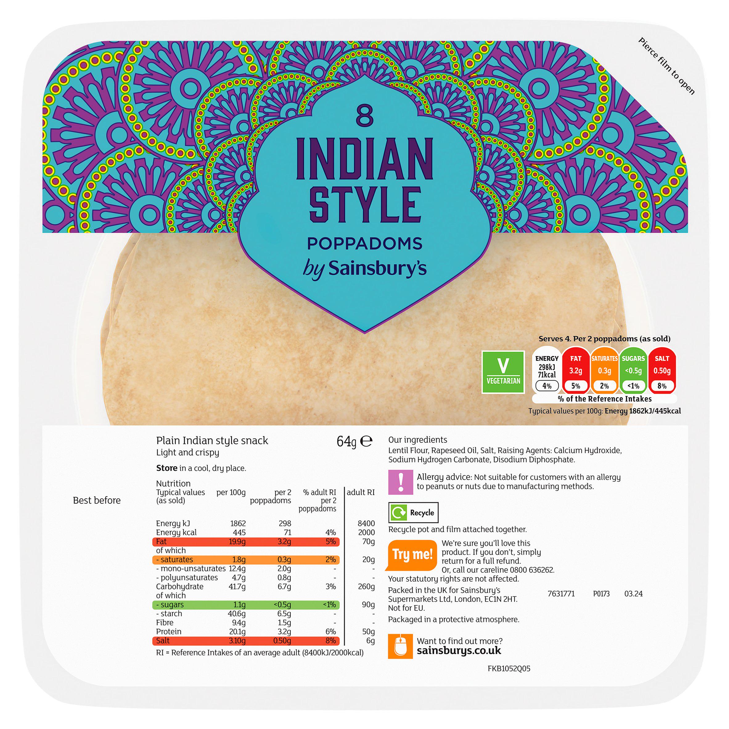 Sainsbury's plain poppadoms 64g (British brand)