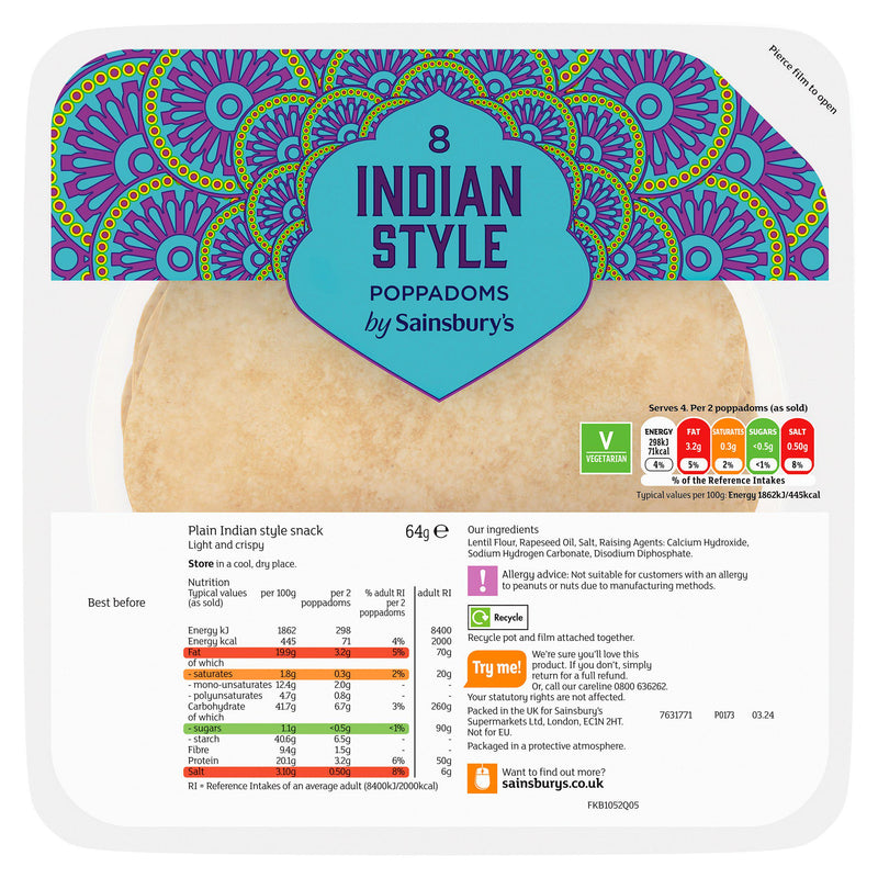 Sainsbury's plain poppadoms 64g (British brand)