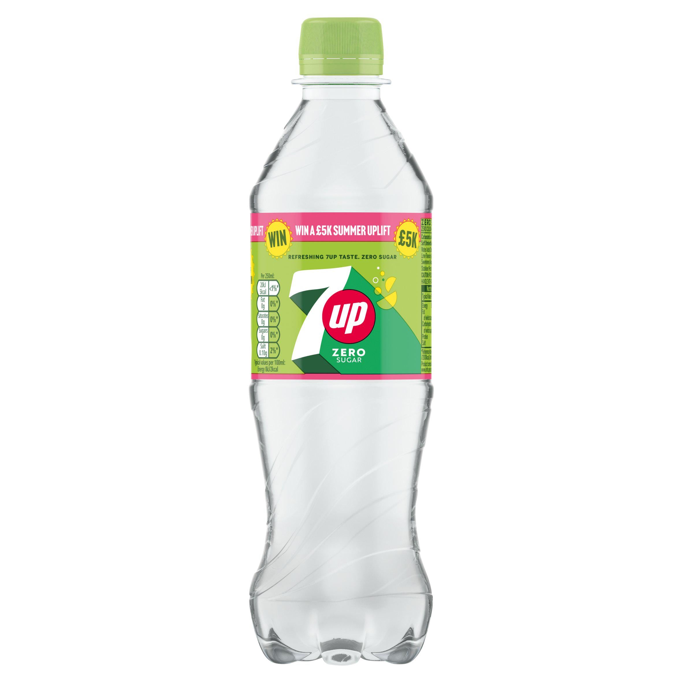 7UP zero sugar lemon lime soft drink bottle 500ml, UK version